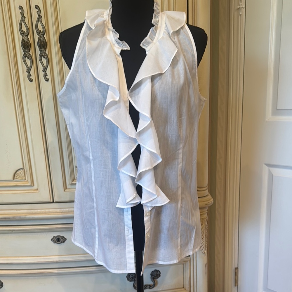 Ann Taylor White Ruffled Sleeveless Blouse